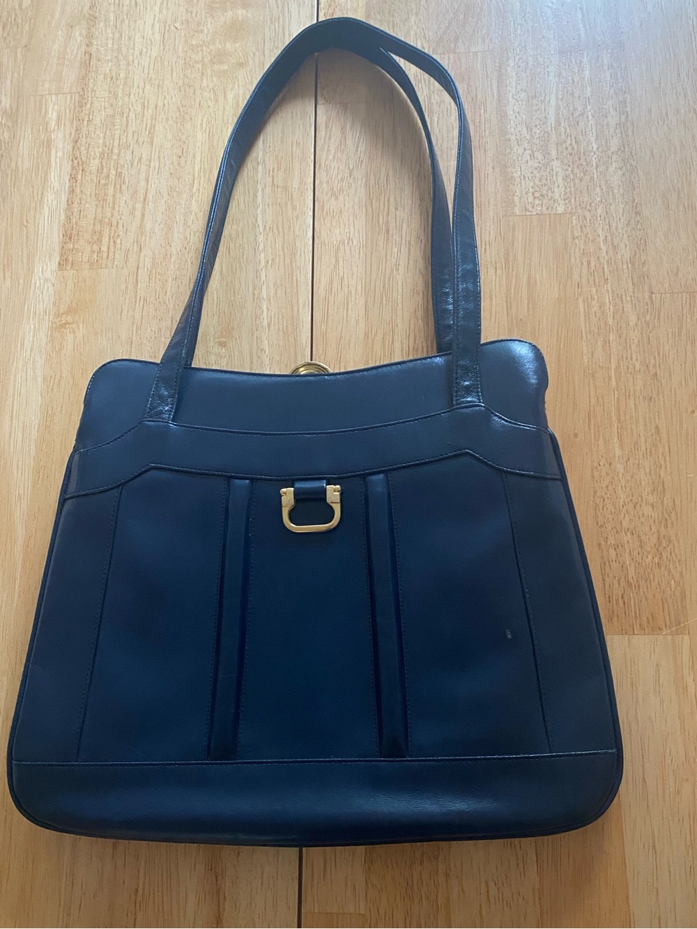 Vintage Lou Taylor Navy Leather Purse with Gold Accents and Pop up Mirror